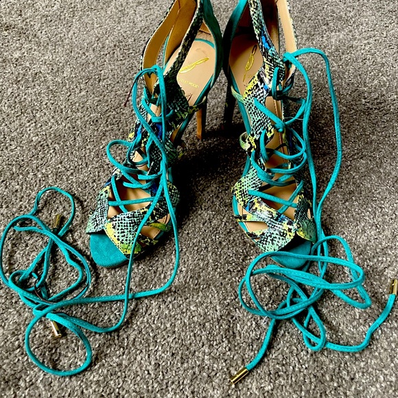 Brian Atwood Tyra- Lace up Teal Snakeskin Heels - Picture 1 of 5